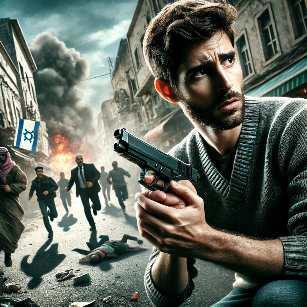 DALL·E 2025-01-06 22.58.40 - An Israeli civilian in a tense and realistic scenario of a terrorist attack, depicted in a street setting. The civilian is holding a handgun, visibly